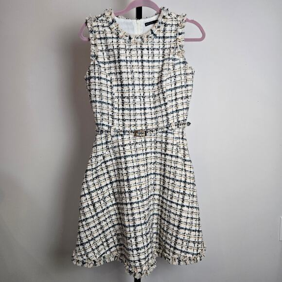 Mohito Fit and Flare Tweed Fringe Classic Belted Dress Cream Pink Black Plaid S - Picture 1 of 8